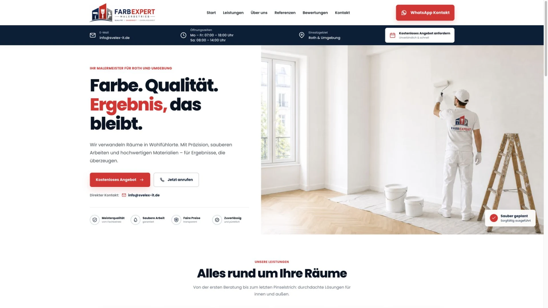 SVELEX IT Maler-Beispielkonzept mit vollständigem Hero, Maler-Bild und deutlich sichtbaren Anfrage- und Telefonbuttons