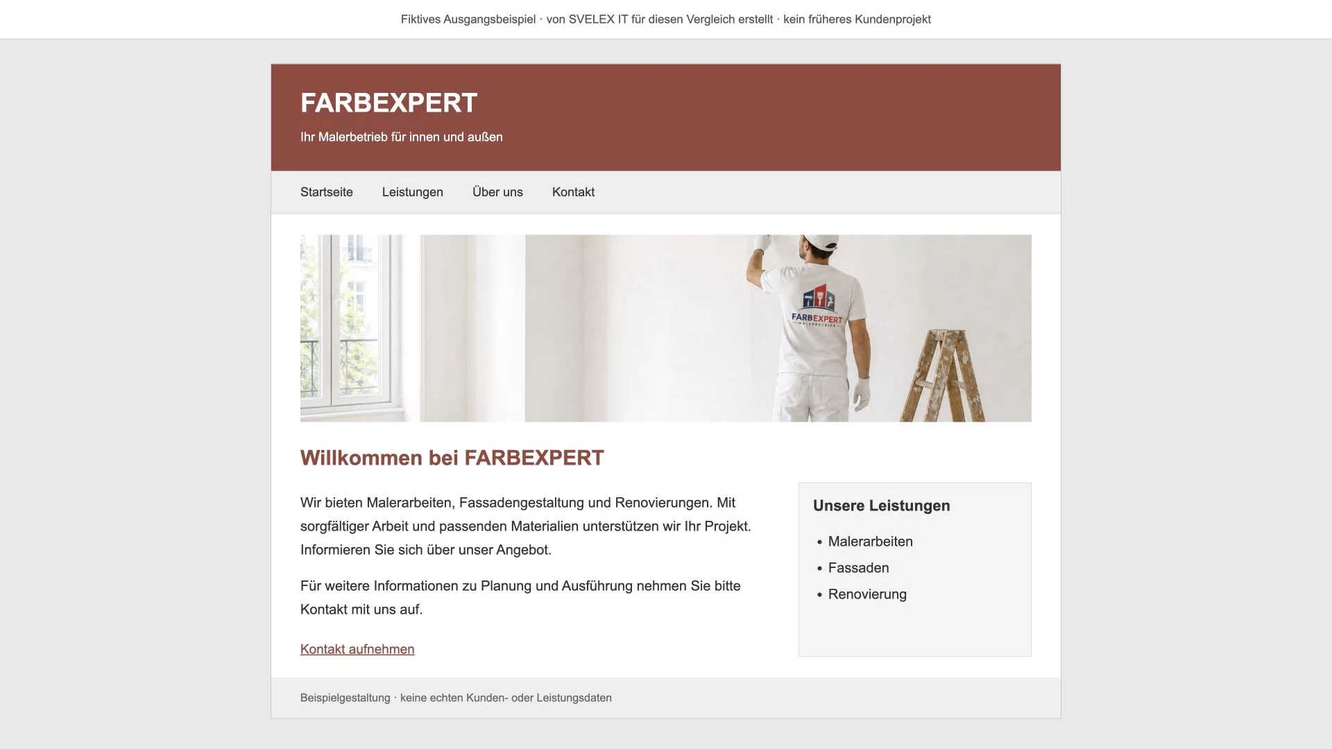 Fiktive ältere Maler-Website mit einfacher Navigation und allgemeiner Leistungsbeschreibung
