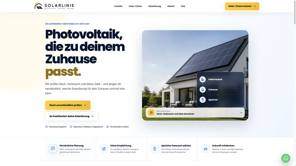 SVELEX-Beispielkonzept einer Solar-Website mit klarer Einstiegsbotschaft und Anfrageweg
