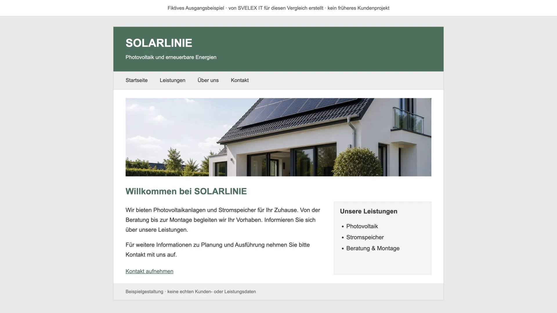 Fiktive ältere Solar-Website mit allgemeiner Begrüßung und einfachem Kontaktlink