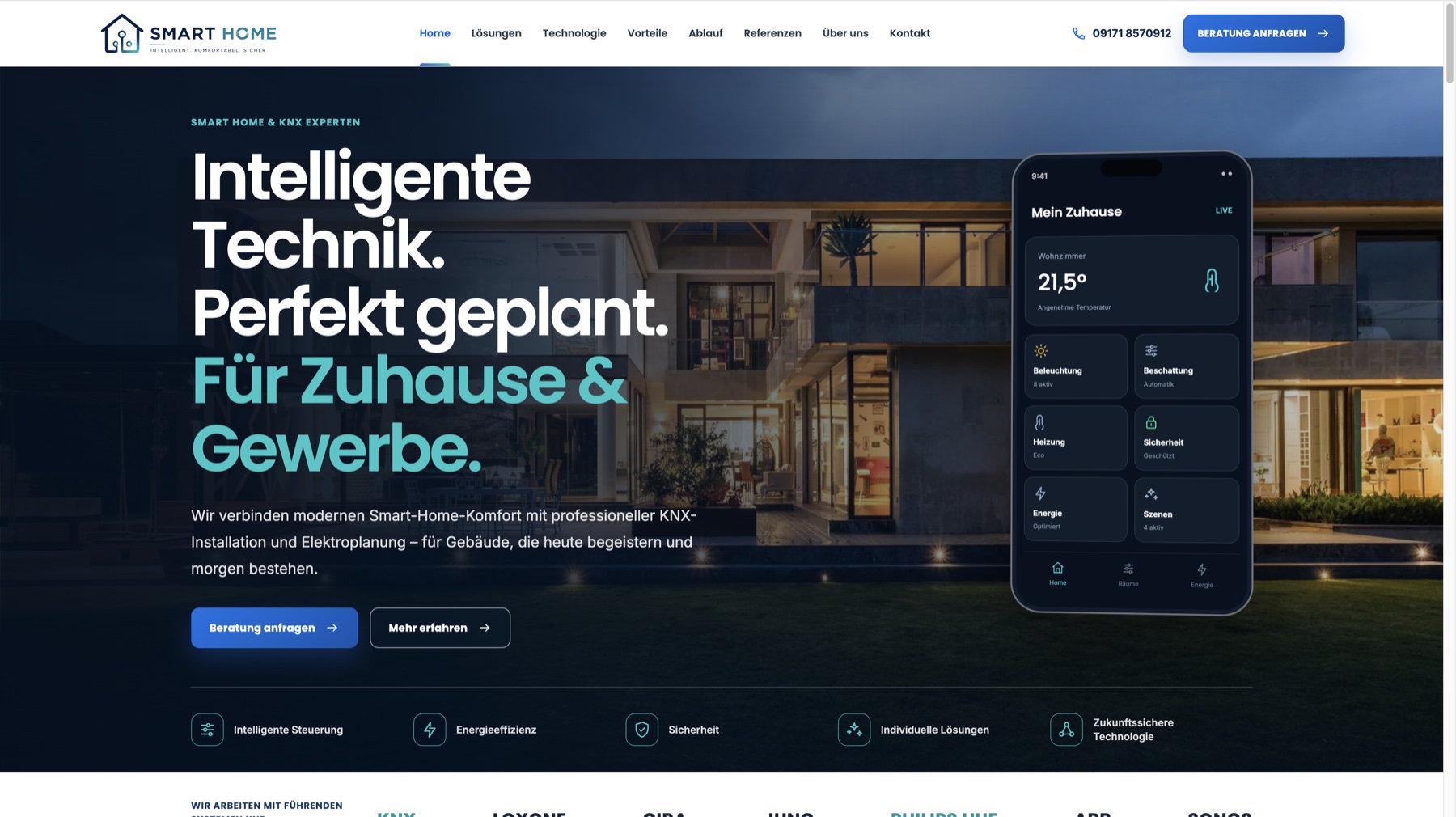 Smart Home Referenzwebsite in der Desktop-Ansicht